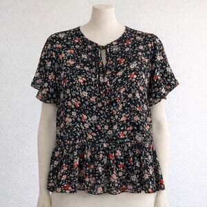 Gap Floral Peplum Blouse Black Multicolor Short Sleeve Size XL